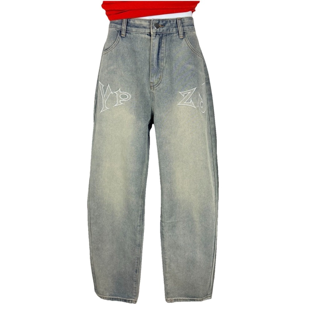 Y2K Wide Leg Embroidered Jeans Womens 34 Blue Baggy Streetwear ZD YP Denim